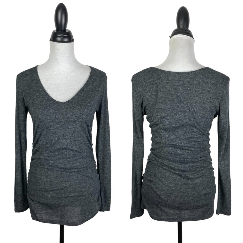 Lola & Sophie Dark Gray Cinched Side V-neck Fitted Long Sleeve Simple Flirty Tee